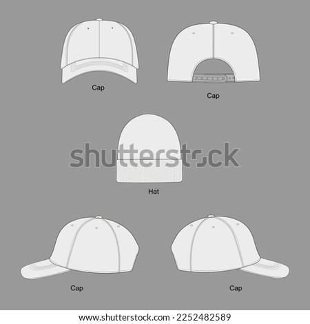 Set of hats. Plain Baseball Cap. Trucker Hat Snapback Technical Drawing Illustration Blank Streetwear Mock-up Template for Design and Tech Packs CAD Strap Mesh. Hat and Cap Apparel Design. Royalty-Free Stock Photo #2252482589