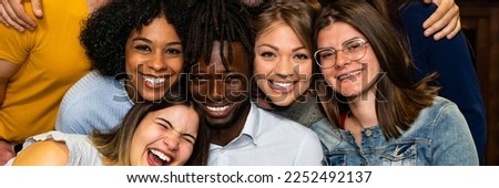 Diverse best friends women taking selfie in face having fun together – multiracial girls smiling face taking photo – multicultural female live in Erasmus - horizontal banner or header