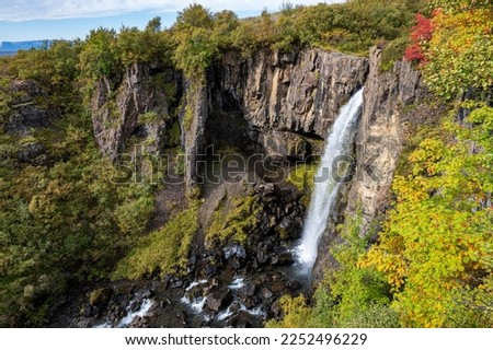 the beautiful waterfall the Hundafoss  falling in the canyon below in nature reserve Skaftafell in Vatnajökull National park in South Iceland on a summer day, Iceland, Europe, stock photo