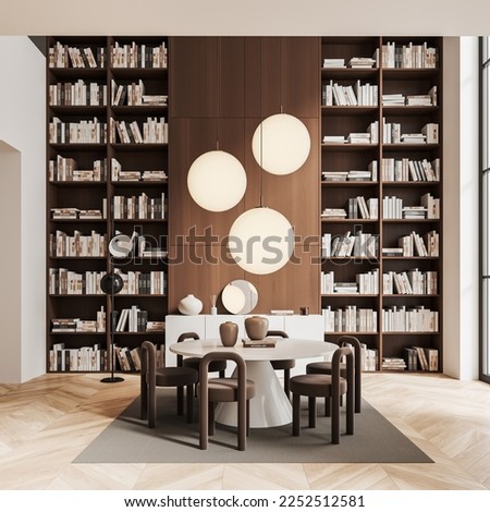 Wooden living room interior with dining table and chairs on carpet, hardwood floor. Tall shelf with home library, drawer with decoration and window. 3D rendering