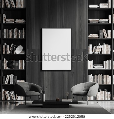 Dark living room interior two armchairs and coffee table with decoration, home library and carpet on grey concrete floor. Mock up canvas poster. 3D rendering