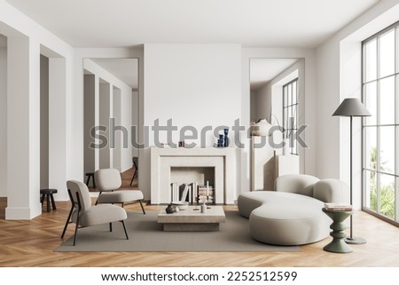 White living room interior with sofa and armchairs, coffee table with fireplace and mirror. Relaxing area and panoramic window on tropics. Mock up empty wall. 3D rendering Royalty-Free Stock Photo #2252512599