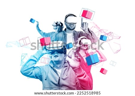 Teamwork in vr headset, man and woman working in metaverse wearing glasses. Colorful digital data blocks floating on white background. Concept of virtual reality