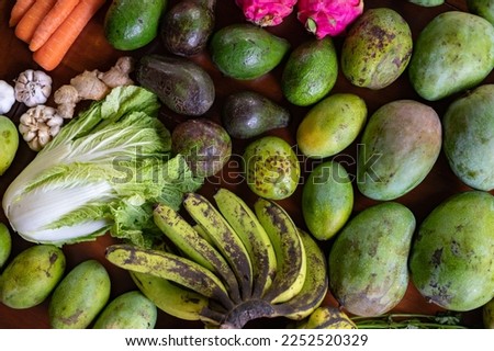 Set of Balinese fruits and vegetables . Flat lay
