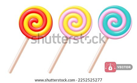 Set of sweet spiral lollipops on white plastic sticks. 3d realistic, swirl, colored sugar candies. Vector illustration EPS10 Royalty-Free Stock Photo #2252525277