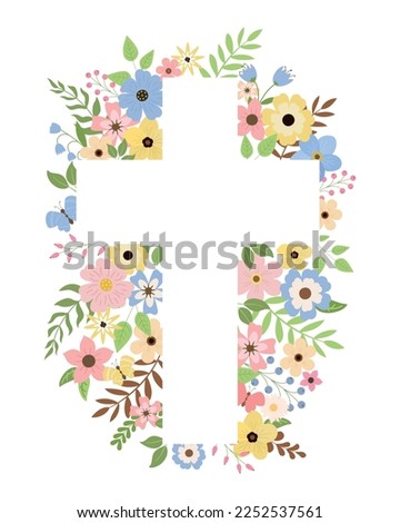 Christian floral cross. Colorful spring flowers. Easter holiday background. Baptism Invitations, First Communion, and Easter vector template card.