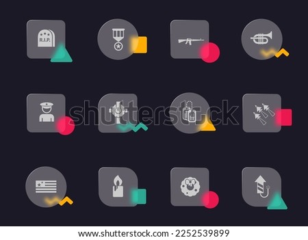 memorial day glass morphism trendy style icons. memorial day transparent glass vector icons with color memphis figures. for web and ui design, mobile apps and promo business advertising