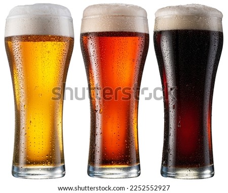 Three chilled glasses of different beer. File contains clipping paths.