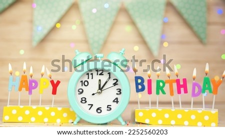 Happy birthday greeting card with muffin pie and retro clock on clock hands new birth. Beautiful background with decorations festive happy birthday decoration