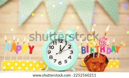 Happy birthday greeting card with muffin pie and retro clock on clock hands new birth. Beautiful background with decorations festive happy birthday decoration with number 96