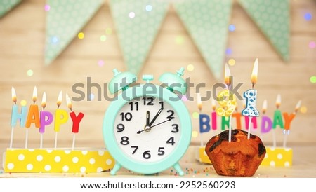 Happy birthday greeting card with muffin pie and retro clock on clock hands new birth. Beautiful background with decorations festive happy birthday decoration with number 91