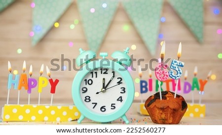 Happy birthday greeting card with muffin pie and retro clock on clock hands new birth. Beautiful background with decorations festive happy birthday decoration with number 65