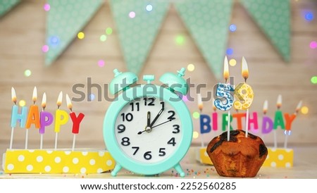 Happy birthday greeting card with muffin pie and retro clock on clock hands new birth. Beautiful background with decorations festive happy birthday decoration with number 59