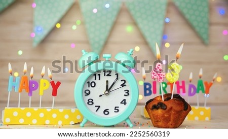 Happy birthday greeting card with muffin pie and retro clock on clock hands new birth. Beautiful background with decorations festive happy birthday decoration with number 43