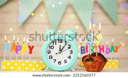 Happy birthday greeting card with muffin pie and retro clock on clock hands new birth. Beautiful background with decorations festive happy birthday decoration with number 17
