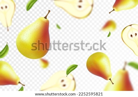 Ripe pear background. Flying juicy pear isolated on transparent background. Blurry effect. Can be used for wallpaper, banner, poster, print, fabric, wrapping paper. Realistic 3d vector illustration Royalty-Free Stock Photo #2252595821