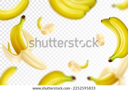 Banana background. Flying bananas are peeled and banana bunches. Unfocused and blurry effect. Can be used for wallpaper, banner, poster, print, fabric, wrapping paper. Realistic 3d vector illustration Royalty-Free Stock Photo #2252595833