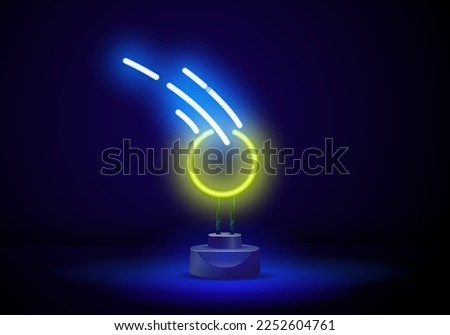 Neon Ball flying . Basketball, volleyball, tennis ball.A team game and a sports concept. Advertising design. At night, a bright colorful billboard, a light banner.