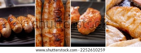 Collage from different pictures of tasty food. Cooking meat dishes, sausages, pork, turkey