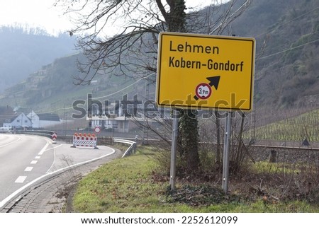 road sign to villages Lehmen and Kobern-Gondorf, road block in background