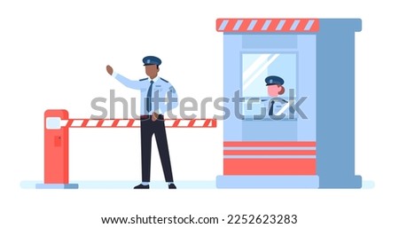 Security post with guards and barrier guarding entrance to restricted areas. Boundary gate protection. Checkpoint secure workers. Roadblock with barricade and booth Royalty-Free Stock Photo #2252623283