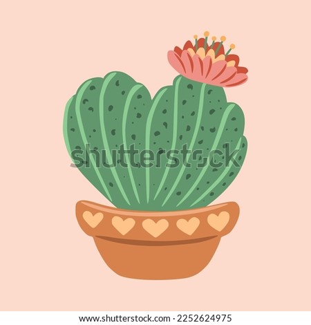 Flat cactus with flower. Сactus with flower with shape of heart in pot. Сan be used for greeting cards, invitations, stickers and prints. Illustration for birthday and valentine's.