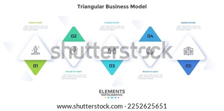 Diagram with five triangular elements or arrows placed in horizontal row. Concept of 5 features of business vision. Simple infographic design template. Flat vector illustration for presentation. Royalty-Free Stock Photo #2252625651