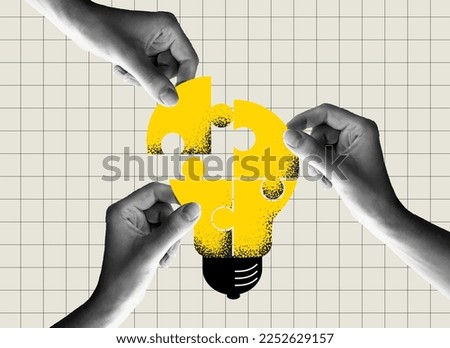 Team metaphor. people connecting puzzle elements of a bulb symbolizing creative idea. Vector illustration collage design style. Symbol of teamwork, cooperation, partnership. Royalty-Free Stock Photo #2252629157
