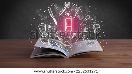 Open recipe book with food related icons above