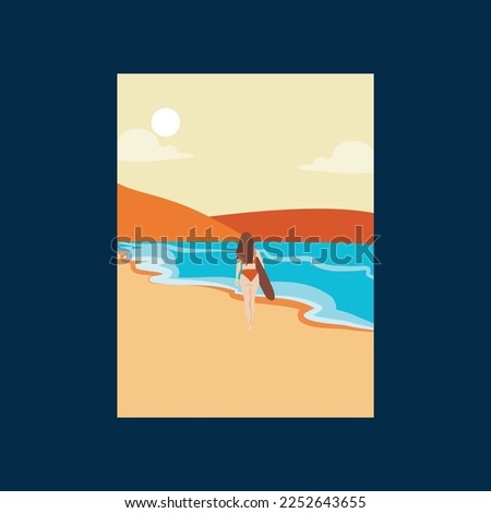 Abstract colorful landscape poster with flat illustration design. Nature backgrounds for your all media print. Sun and moon, sea, mountains, ocean, palms
