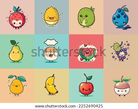 Adorable kiddy cartoon cute assorted set fruits, muzzle with faces and winking eyes, pastel bright colors, Vector, collection set, children illustration, wallpaper