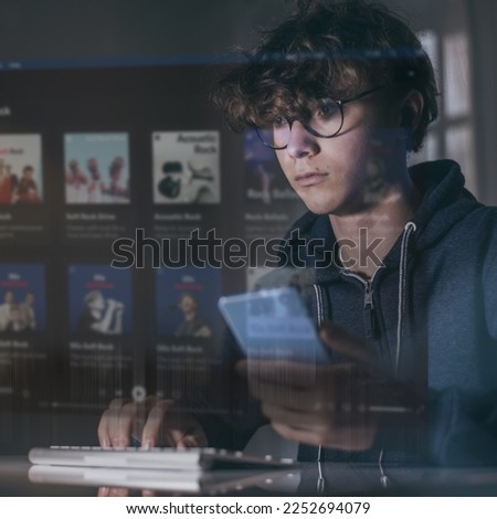 Teen searching music playlist online. Listening new song. Streaming audio and video sharing concept