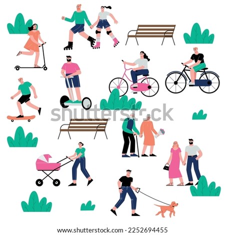 Happy park walking, spring walk and jogging. Summer outdoor rest, ride in urban garden on bike. Fun flat city people, adults on street vector scene