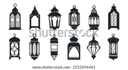 Black ramadan lanterns. Fanous line lantern, arabic lamps silhouettes vintage egyptian moroccan dubai eastern lamp for islamic mosque or arabian lighting, vector illustration of lantern to ramadan Royalty-Free Stock Photo #2252696461