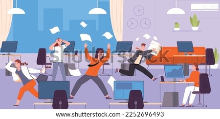 Office chaos. Corporate collapse stress workspace, hurry workers throw paper panic working environment, conflict boss and busy tired employees, vector illustration of workplace panic, deadline busy Royalty-Free Stock Photo #2252696493