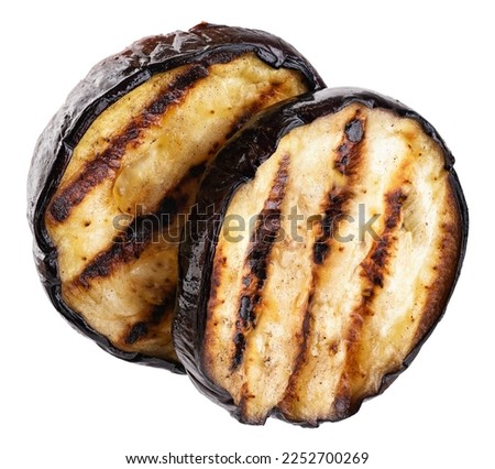 Grilled eggplants aubergine slices isolated on white background. With clipping path. Royalty-Free Stock Photo #2252700269