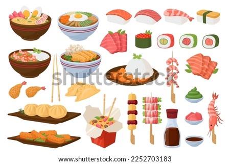 Cartoon asian food. Japanese and Korean traditional cuisine dishes, rice, ramen, tempura, sushi, onigiri and sashimi flat vector illustration set. Oriental seafood dishes Royalty-Free Stock Photo #2252703183