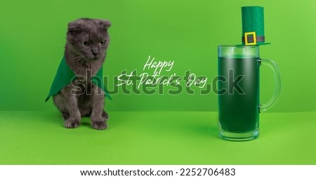 Cute gray cat in a green coat and a glass of green beer on a green background with copy space. Postcard Happy St. Patrick's Day.