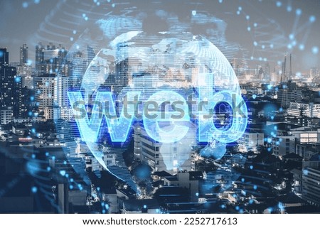 Creative polygonal globe with web hologram on blurry illuminated night city background. Technology, internet and innovation concept. Double exposure