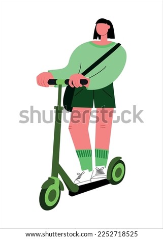 Young woman  riding an electric scooter.  girl  is engaged in leisure, entertainment, vehicle. Vector illustration.