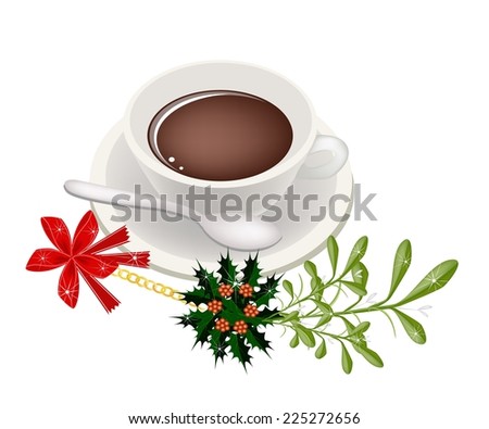A Smoking Hot Coffee with A Beautiful Mistletoe Bunch or Vi scum Album Decorated with Holly Leaves and Christmas Red Ribbon For Christmas Celebration. 