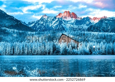 Winter frozen view on Lake Strbske pleso. Strbske lake in High Tatras National Park, Slovakia landscape, Europe.