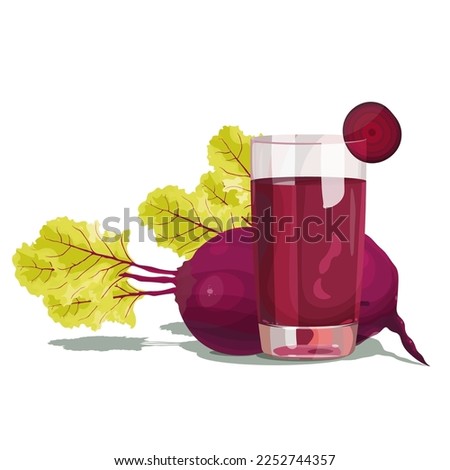 A bright juicy beetroot with a top lies near a glass beetroot juice glass with a slice. Isolated image on a beige background. Royalty-Free Stock Photo #2252744357