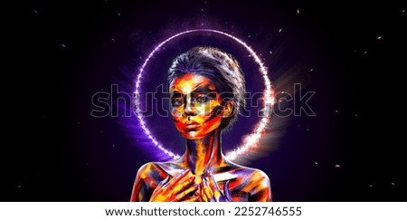 A girl in a glowing neon circle. Woman in color body painting on her face. Design for a poster for a nightclub or karaoke bar.