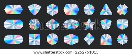 Holographic and colors sticker set. Shine metal badges of various shapes. Gradient sale and discount sticker Vector iridescent foil adhesive film, holography labels mockup and realistic holo textures. Royalty-Free Stock Photo #2252751015