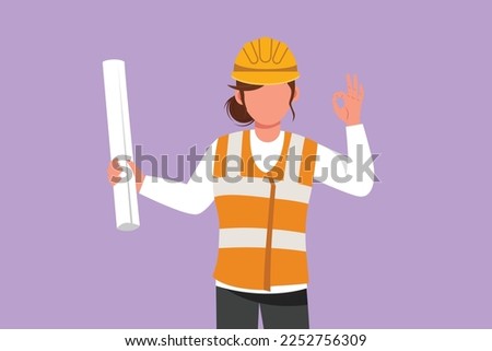 Character flat drawing cute female architect wearing vest and helmet with okay gesture, carrying blueprint paper for the building work plan. Builder on work at site. Cartoon design vector illustration