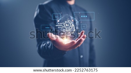 Chatbot Chat with AI, Artificial Intelligence. man using technology smart robot AI, artificial intelligence by enter command prompt for generates something, Futuristic technology transformation. Royalty-Free Stock Photo #2252763175