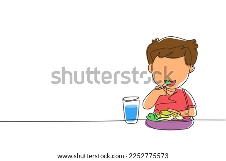 Single one line drawing boy eating healthy morning breakfast food. Happy child eat delicious food with milk at home. School boy enjoying dish. Continuous line draw design graphic vector illustration