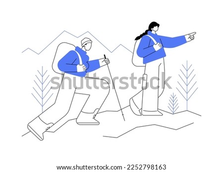 Hiking abstract concept vector illustration. Active lifestyle, mountain climbing, outdoor camping, trekking trail, countryside walking, travel adventure, extreme tourism, trip abstract metaphor.