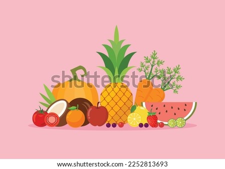 Natural food fruit and vegetable. Seasonal organic exotic fruits. Vector illustration